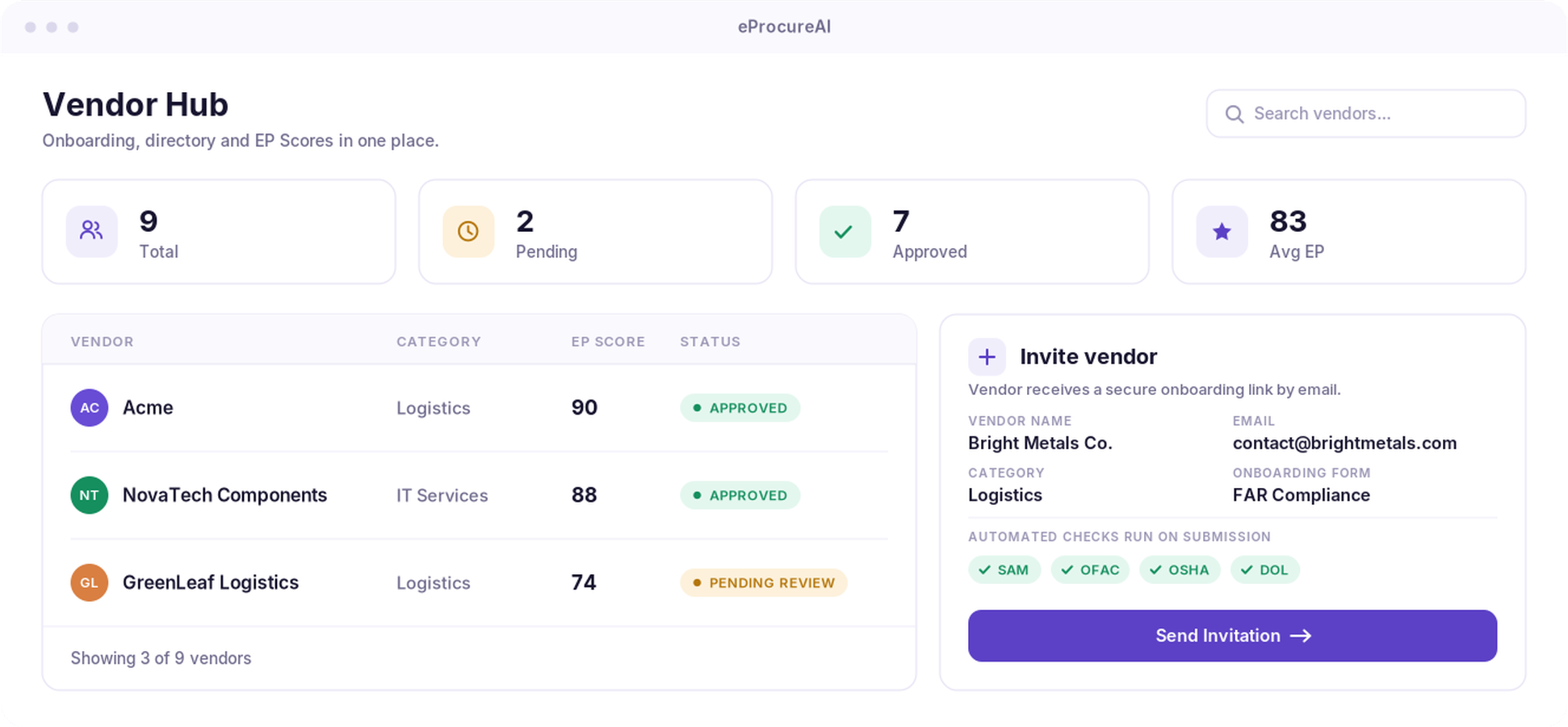 Vendor portal showing supplier profiles and risk scores