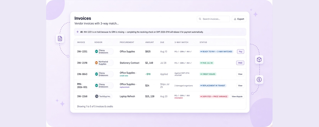 Invoices list with search, export, and status pills