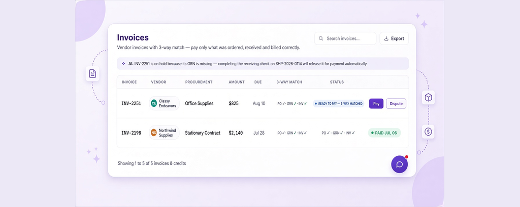 Invoice row with Pay and Dispute actions