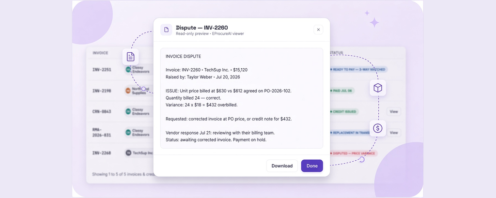 Invoice dispute modal notifying the vendor