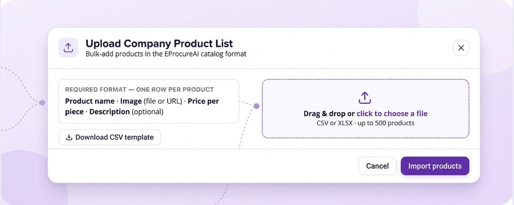 Spreadsheet upload to load the most requested catalog products