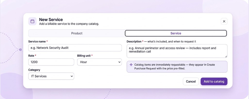 New service form with rate, billing unit and category