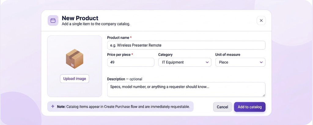 New product form to add an item to the company catalog