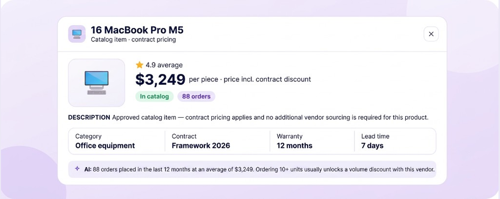 Catalog product detail with contract pricing and AI order insight