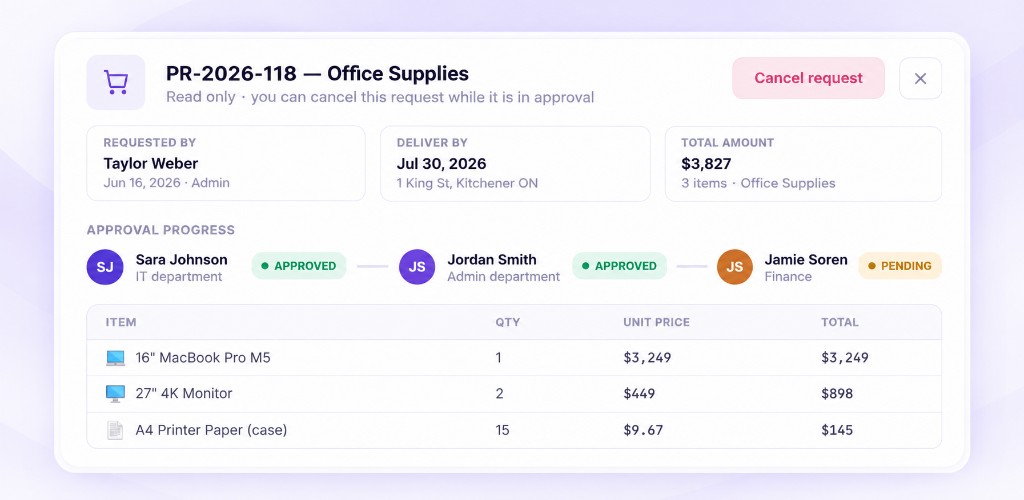 Purchase request detail with approval progress and line items