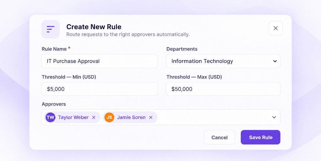 Create New Rule form for routing requests to approvers automatically