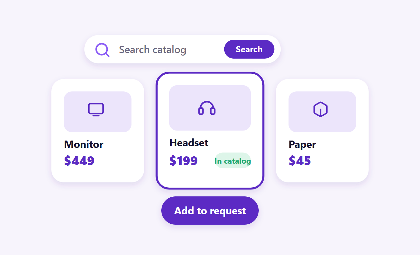 Catalog search with priced products ready to add to a request