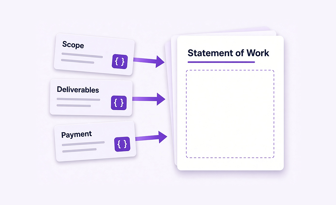 Contract template assembled from reusable sections with dynamic fields