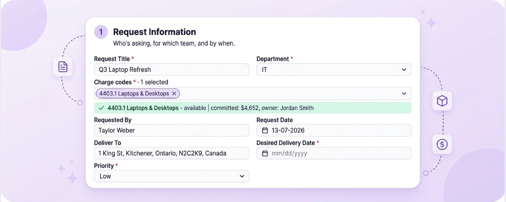 Request information form with title, department, charge codes and delivery details