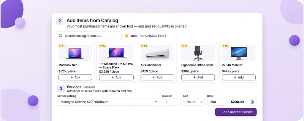 Catalog products grid to add items with prices and quantities