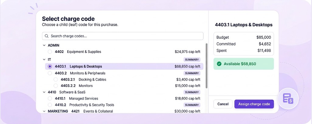 Charge code selection with live available, committed and spent balance