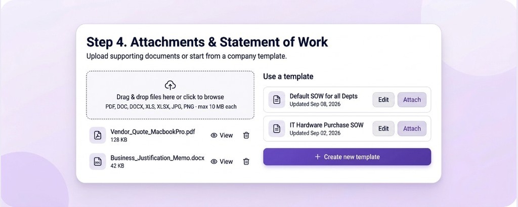 Attachments and statement of work upload or template options