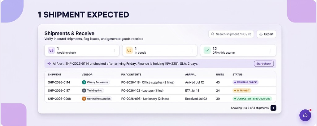 Shipments list showing an expected delivery awaiting check