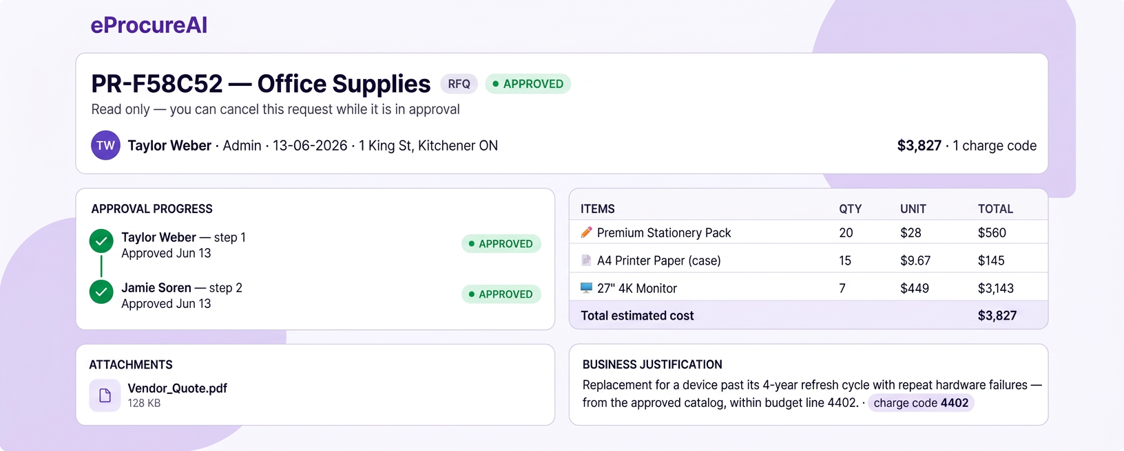 Purchase request detail that becomes the spend record