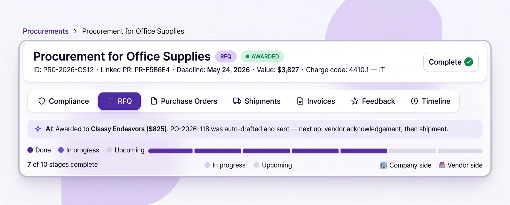 Procurement detail with supplier on the order record