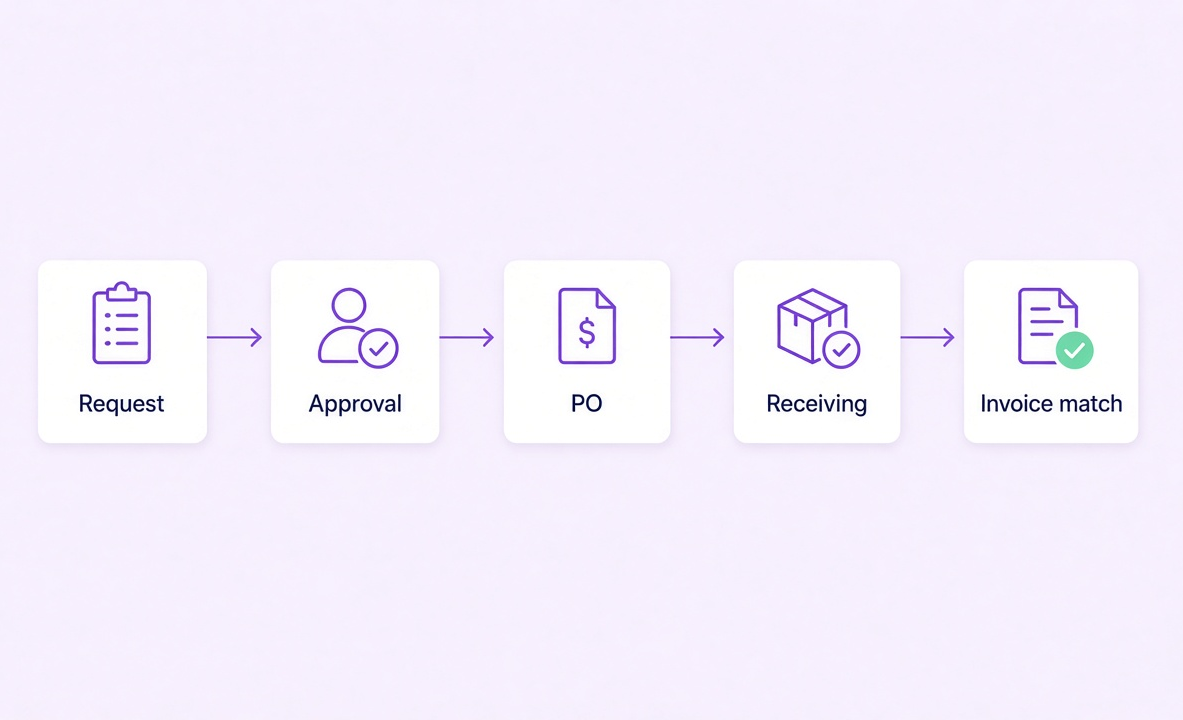 Request, approval, PO, receiving and invoice match running on eProcureAI