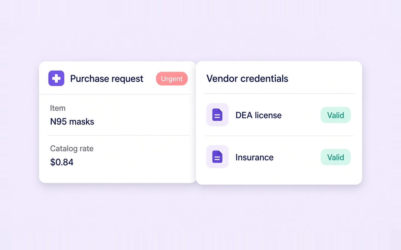 Healthcare procurement request and vendor credentials