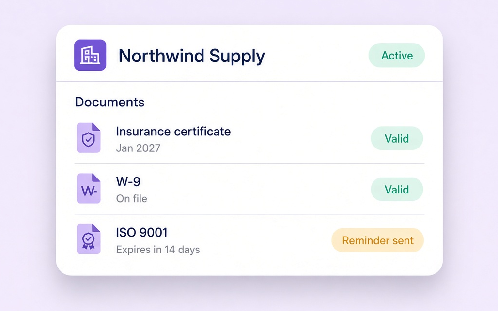 Vendor directory with compliance and onboarding status