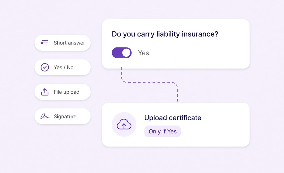 Question types and a conditional upload that appears only when the supplier answers Yes